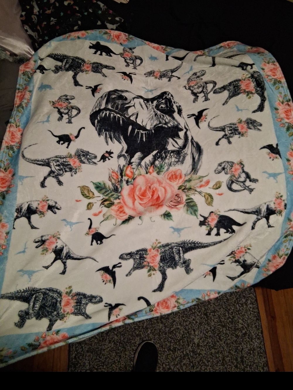 Floral Dinosaur Plush Throw Blanket - White & Blue